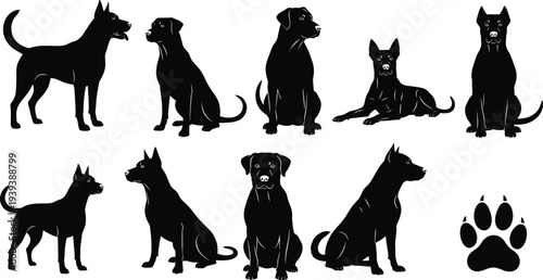 “Dog silhouettes, diverse breeds, standing, sitting, lying poses, paw print icon, vector illustration, pet design, animal graphic, canine artwork”