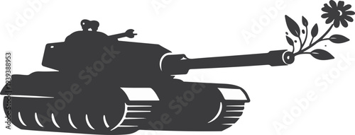 Tank Barrel With Blooming Flower Symbol Of War Replaced By Life Minimal Silhouette Vector