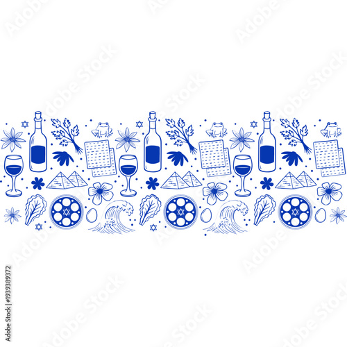 Passover holiday flat seamless pattern design in minimalist hand drawn style. Festive Passover Seder Plate Illustration with Floral Border and Jewish Holiday Symbols