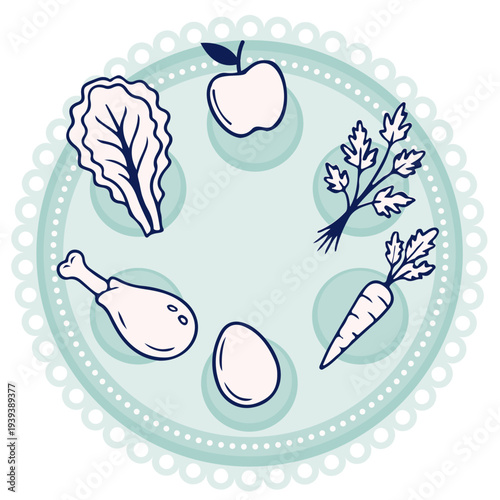 minimal Passover Seder plate with traditional food Symbols . hand drawn art