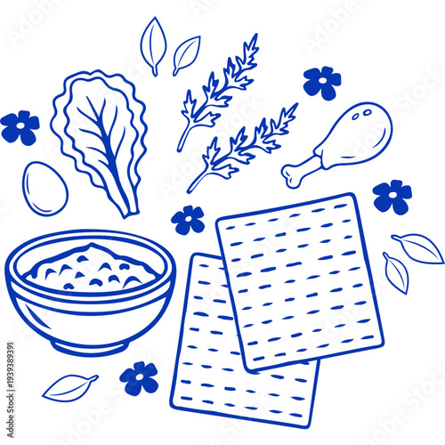 Passover holiday icons in minimalist hand drawn style. Hand-Drawn Jewish Holiday Illustration featuring Matzah, Wine, and Seder Elements