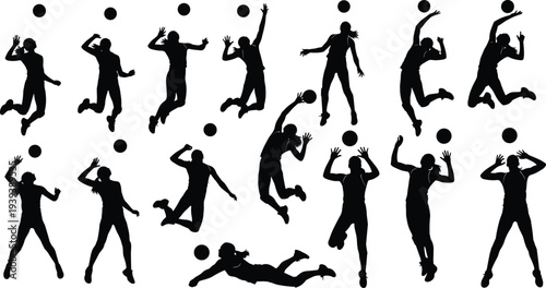 Vector illustration of stylized volleyball players spiking, serving, diving, and setting symbolizing sport, teamwork, culture, and education