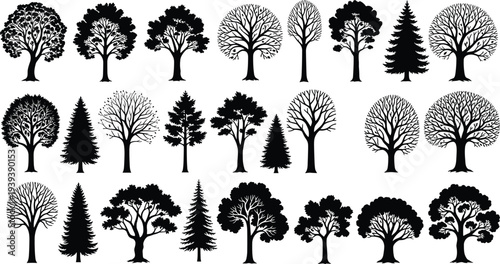 Vector illustration of stylized tree silhouettes symbolizing nature, environment, sustainability, culture, tradition, and education