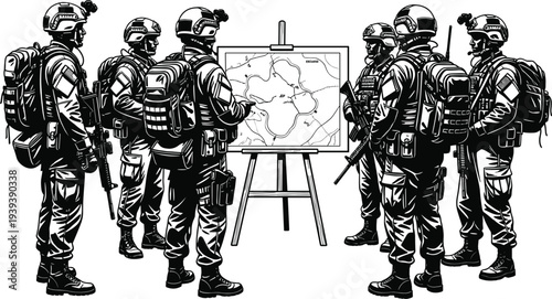 Soldiers in tactical gear gathered around a map on an easel helmets backpacks guns