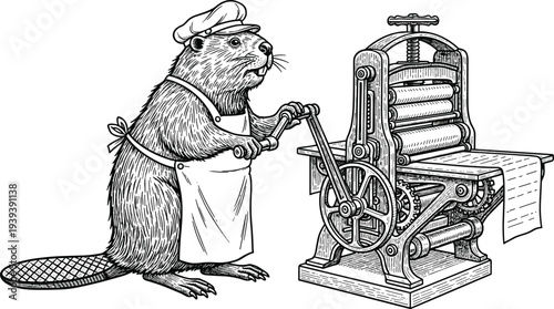 Beaver in apron and cap operates antique printing press vintage black and white
