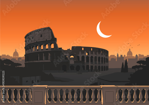 Vibrant vector illustration showcasing the iconic ancient Roman Colosseum silhouetted against a dramatic sunset sky with a serene crescent moon and city panorama