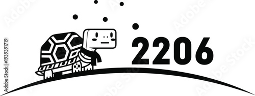 Black and white of a smiling robot riding on a turtle with the number 2206 cartoon