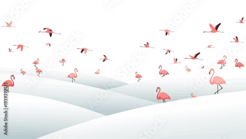 Flock of Flamingos Flying in Formation.