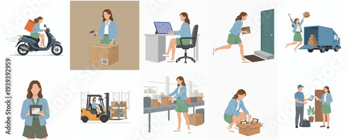 Simple Flat Style Illustration Set of Woman Delivering Package Operations