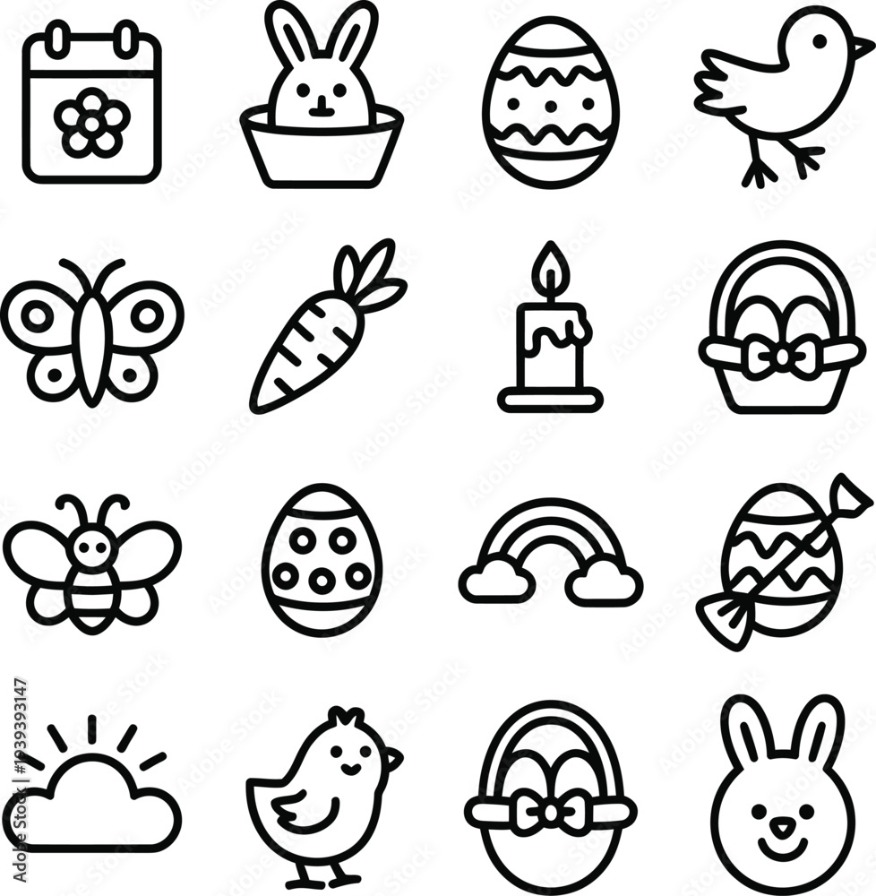 Fototapeta premium Easter themed icons featuring bunnies eggs and springtime elements