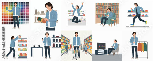 Minimalist Full Body Character in Everyday Activities, Flat Design Illustration Set