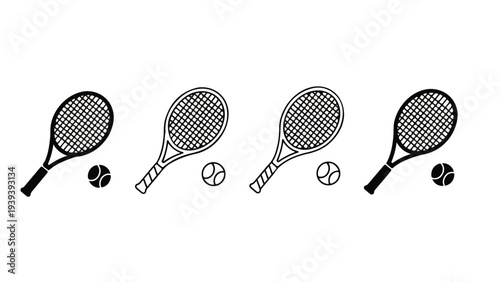 Four black and white illustrations of tennis rackets and balls in various positions on a plain white background.