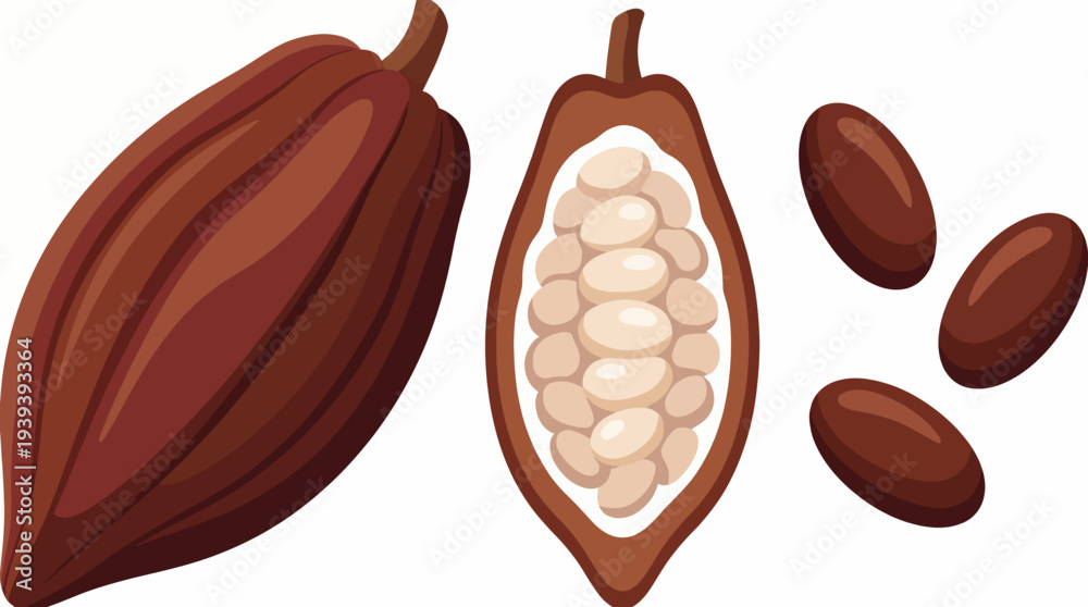 Αυτοκόλλητο A detailed illustration of a cocoa pod halved to reveal the seeds inside, accompanied by cocoa beans, highlighting the beauty and richness of chocolate's origins
