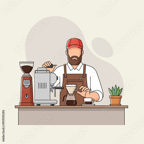 Bearded Barista Preparing Coffee with Espresso Machine and Pour Over.