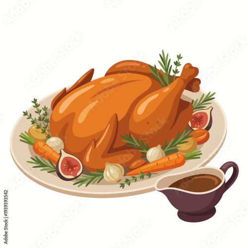 A beautifully plated roast turkey garnished with fresh herbs and accompanied by rich gravy, symbolizing tradition and celebration during festive meals.