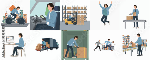 Flat Style Delivery and Logistics Scenes with People in Various Actions Illustration