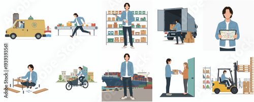 Flat Illustration Various Stages of E-commerce and Delivery Process Scenarios