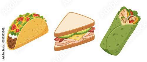 An appetizing trio of a taco, sandwich, and wrap presents a variety of flavors and textures, inviting taste exploration in casual dining settings.