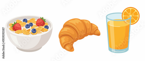 This vibrant image displays a balanced breakfast featuring a bowl of cereal with berries, a croissant, and a glass of orange juice, promoting healthy eating habits.