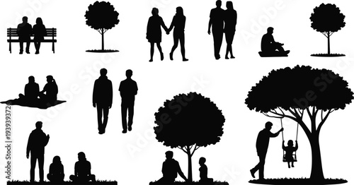 Flat vector silhouettes of people and trees in outdoor park activities