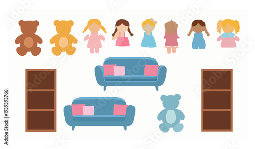 Nursery toys and furniture cartoon vector set teddy bears dolls couch