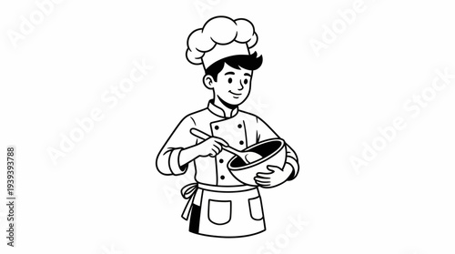 A cheerful chef in a classic outfit, diligently mixing ingredients in a bowl, showcasing culinary skill and passion in a charming black and white illustrative style.