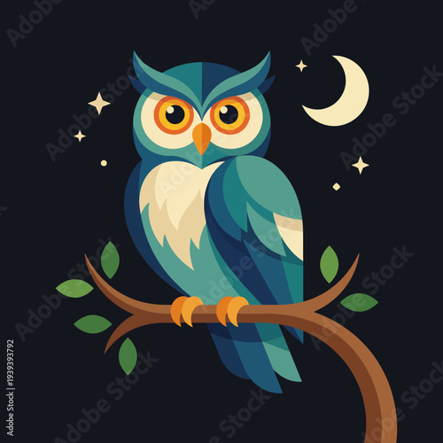 A vibrant, cartoon-style owl perched on a branch, illuminated by the moon and stars, capturing the essence of serenity and wisdom in a playful nighttime environment.