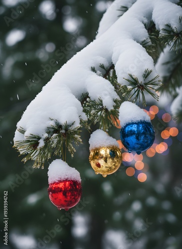 Snowy Christmas Ornaments on Pine Branch