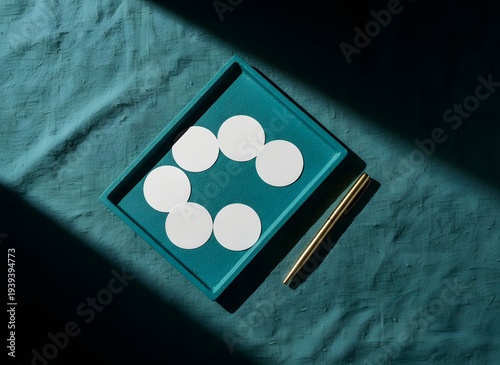 Teal Tray with White Circles and Gold Pen