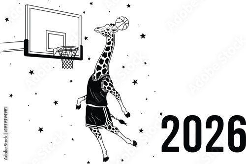 Giraffe in basketball jersey dunking ball into hoop with stars