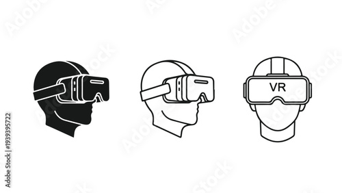 Three line icons of human heads wearing virtual reality goggles in black and white on a plain background.