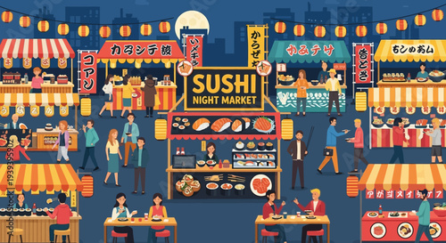 Sushi Night Market Scene with People Enjoying Food and Lanterns