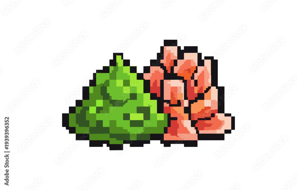 Obraz premium Pixel art wasabi and ginger root on black background
