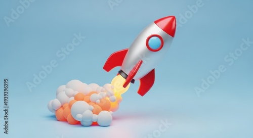 Dynamic 3D illustration of a rocket launching skyward, symbolizing rapid business growth, innovation, and successful project initiation against a clean backdrop