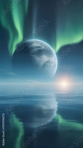 Serene Ocean Planet with Aurora Sky, Glowing Horizon, Calm Water, Distant Sun, Peaceful Fantasy Landscape, Surreal Atmosphere