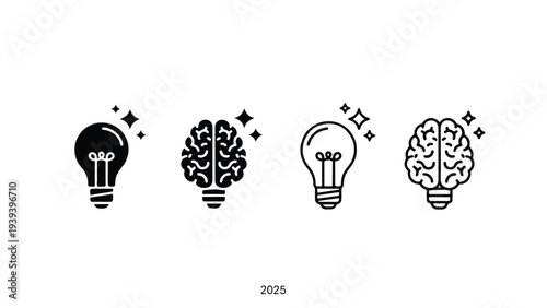 Four black and white light bulb and brain icons with sparkles on a white background in a flat graphic design.