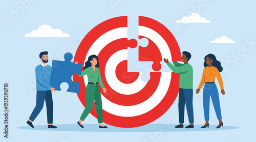 This image illustrates vibrant teamwork through individuals assembling a puzzle piece aimed at a target, representing collaboration, goals, and partnership in achieving success.