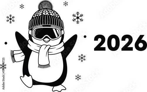 Penguin wearing winter gear and goggles with snowflakes and the year 2026 scarf