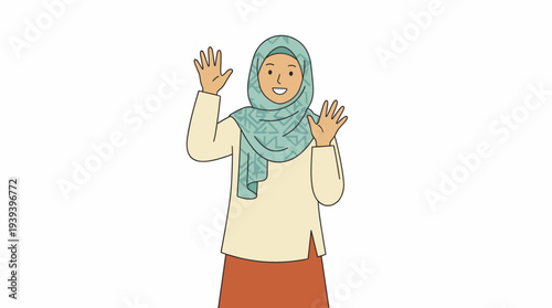 This illustration features a smiling young woman in a hijab, conveying warmth and welcoming vibes, symbolizing diversity, cultural representation, and positivity in society.
