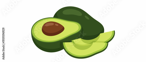 This vibrant representation of avocados showcases their natural beauty, including a whole fruit, sliced pieces, and a large pit, ideal for food-related themes and healthy living.