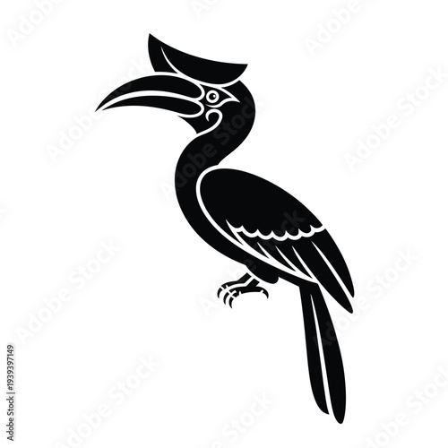 Stylized black silhouette of a hornbill perched with detailed features