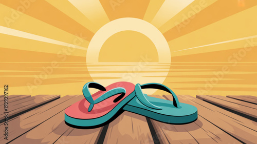 Colorful flip flops on wooden dock at sunset with vibrant orange sky and sunburst