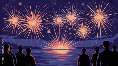 People watching vibrant fireworks display over serene water at dusk with warm glow and silhouettes