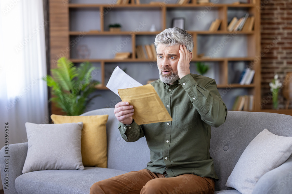Fototapeta premium Mature man sitting on sofa at home, shocked and stressed as he opens an envelope with bad financial news unexpected bill or debt notice, hand to head, worried and upset