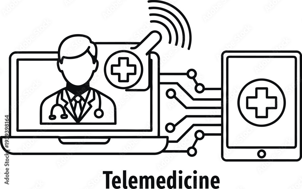Fototapeta premium Telemedicine concept with doctor and medical symbols on laptop and smartphone