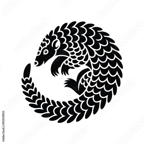 Stylized pangolin illustration in a circular symmetrical black and white design