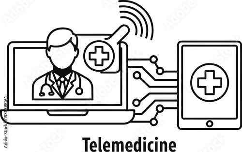 Telemedicine concept with doctor and medical symbols on laptop and smartphone