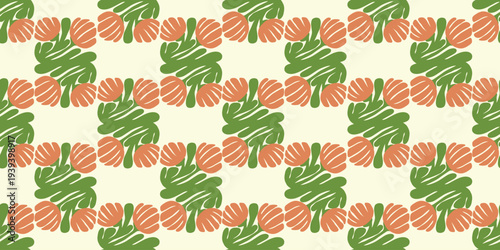 Seamless pattern with orange flowers and green leaves in modern folk style on light background. Ideal for textile printing, fabric, wallpaper, packaging and surface pattern design