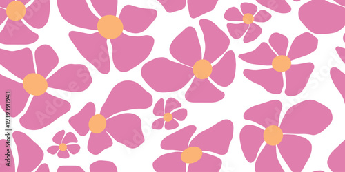 Seamless pattern with abstract pink flowers and round yellow centers on white background. Floral repeat design ideal for textile printing, fabric, wrapping paper, wallpaper and surface pattern design