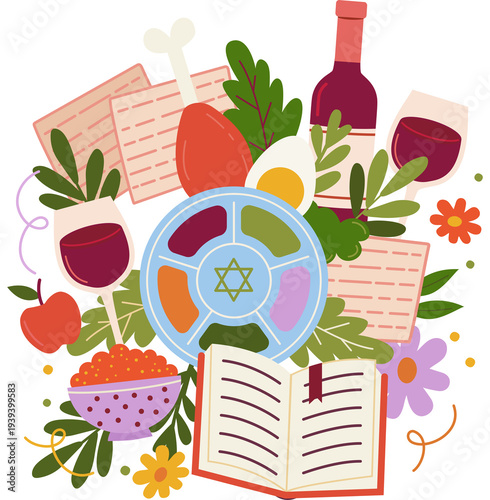 Fotografie Colorful Floral Passover Seder Plate Illustration - Vibrant Jewish Holiday Symbo